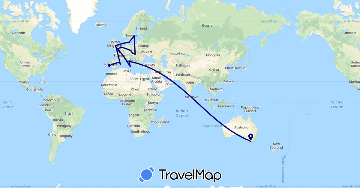 TravelMap itinerary: driving in Austria, Australia, Czech Republic, Denmark, Spain, France, United Kingdom, Hungary, Italy, Netherlands, Portugal, Sweden (Europe, Oceania)